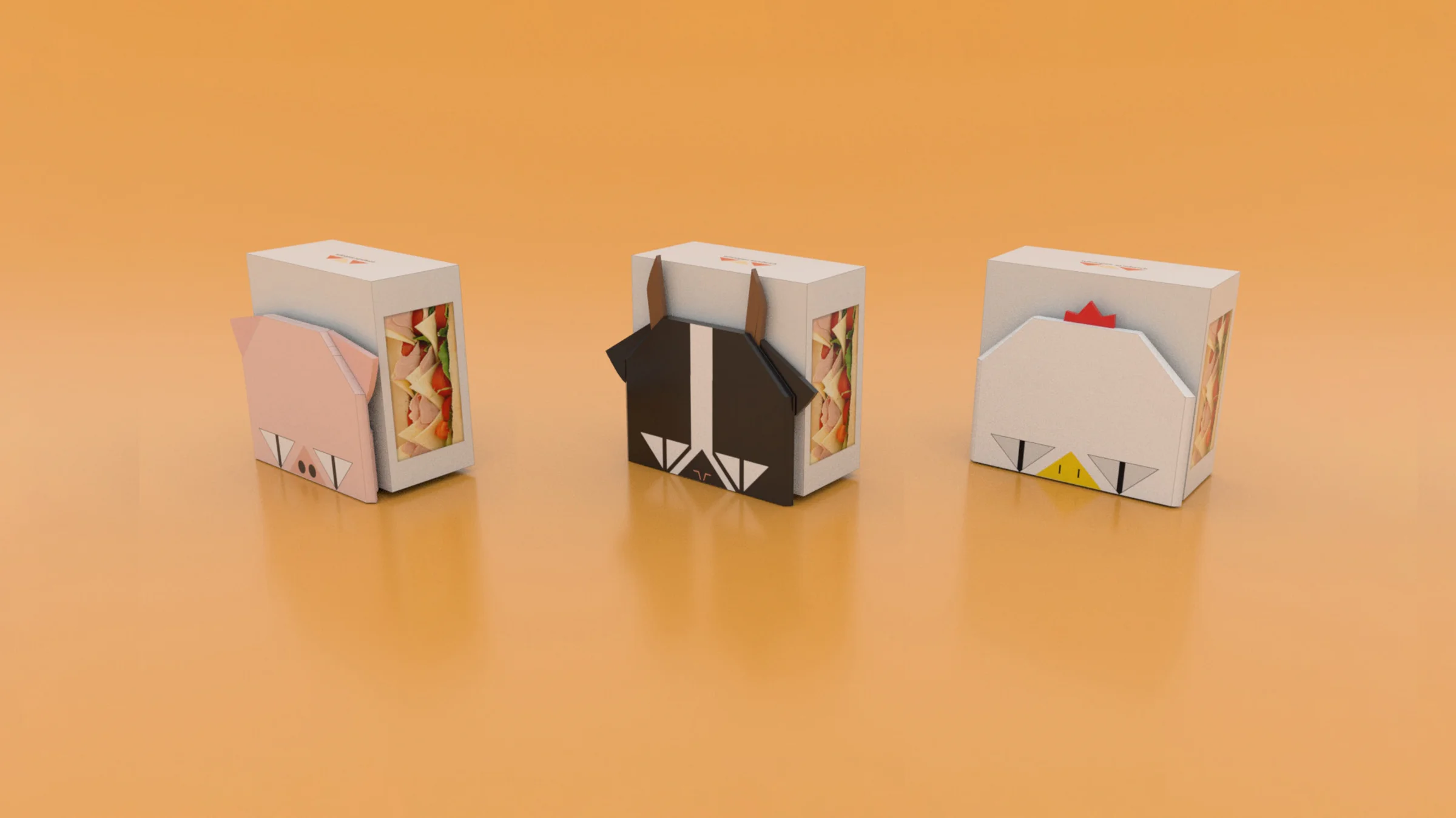 Three animal-character Whoopee Sandwich packages standing side by side.