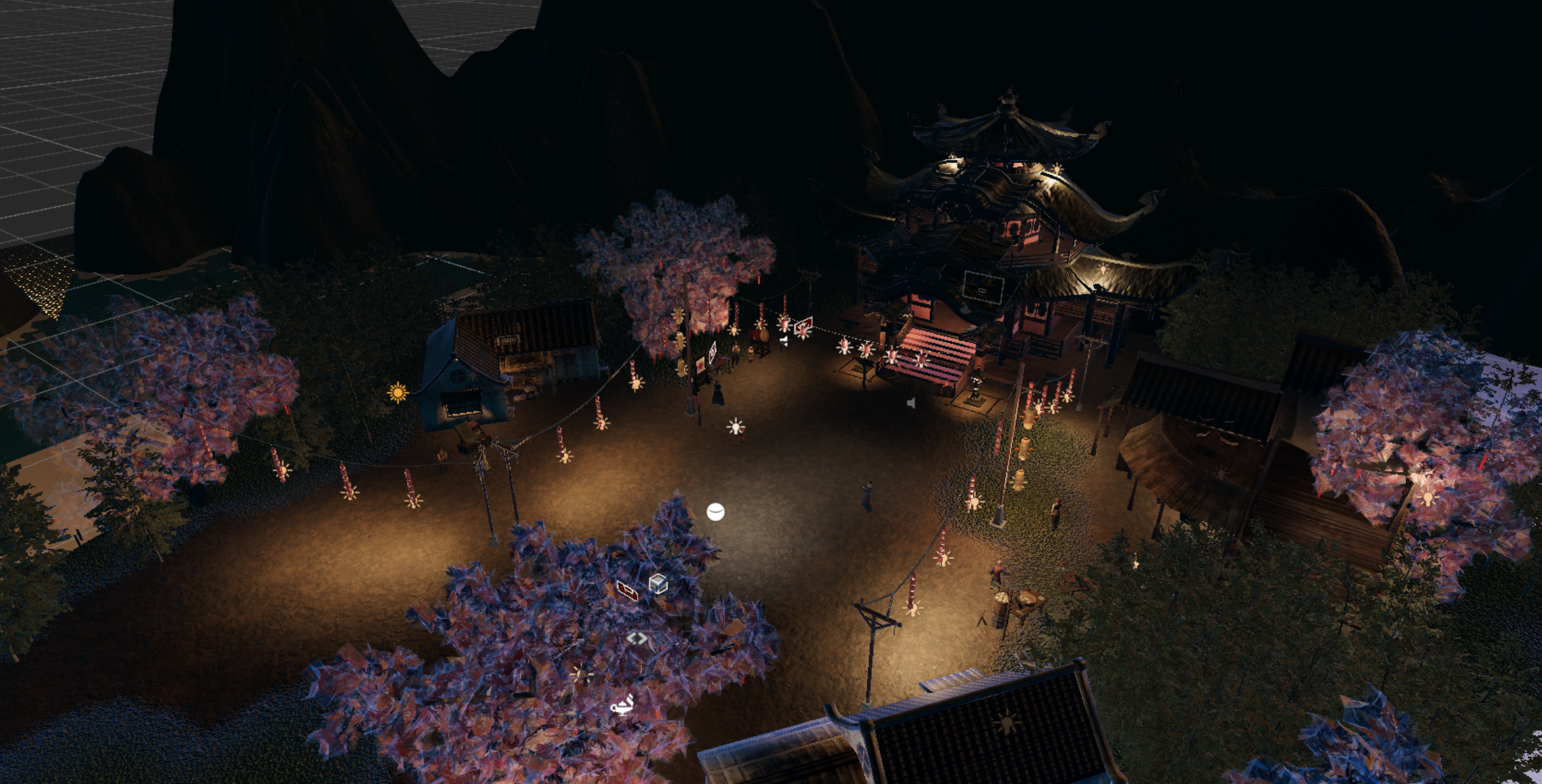 Unity Scene View showing localized shrine lighting, surrounding dark landscape and lighting gizmos